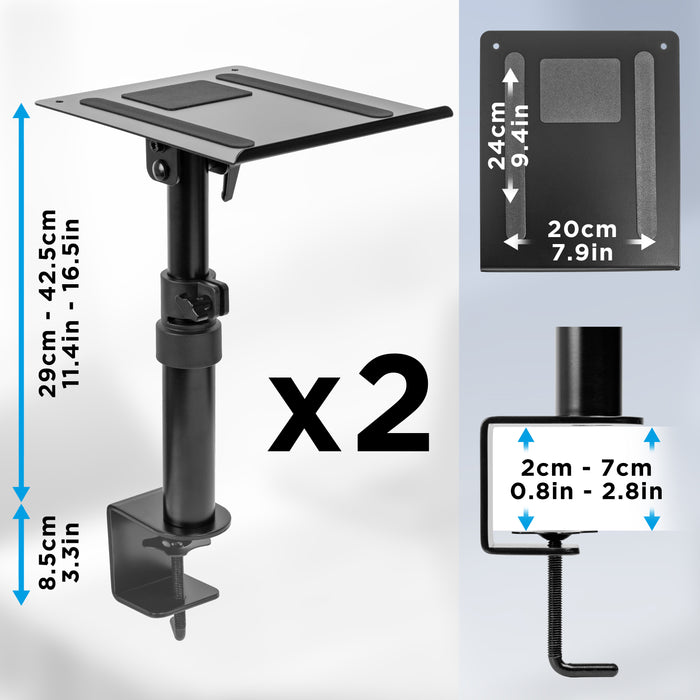 Duronic SPS25 2 Supporti per Altoparlanti da tavolo | Altezza regolabile da 26,4 a 40,5 cm | Inclinazione e rotazione | Vassoio 24 x 20 cm | Morsetto di fissaggio | Home Cinema Studio di registrazione