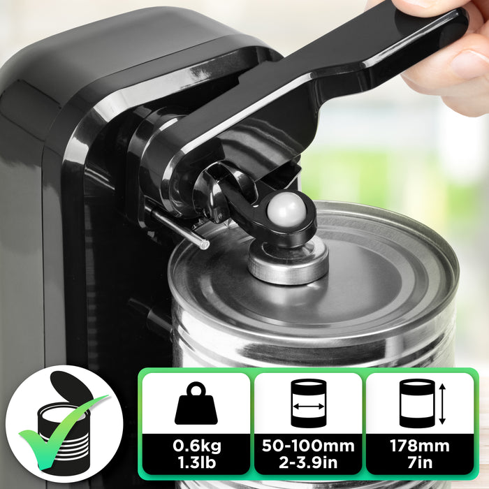 Duronic CO40 BK Apriscatole Elettrico 50W Automatico, Apri Lattine da Tavolo con Arresto Automatico, Affilacoltelli Integrato, Apribottiglie e Decapsulatore, Can Opener, Coperchio