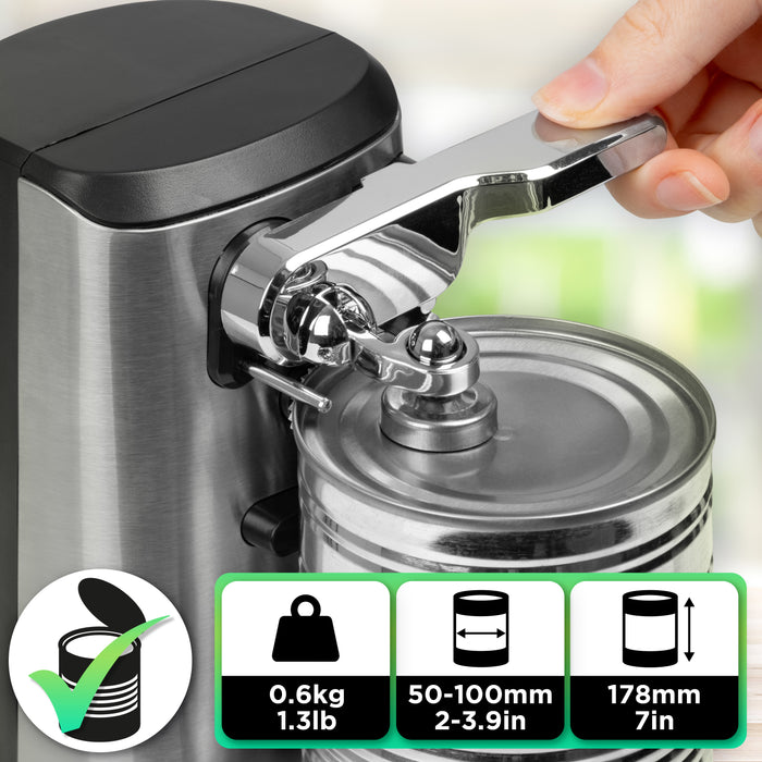 Duronic CO60 Apriscatole Elettrico 50W Automatico, Apri Lattine da Tavolo con Arresto Automatico, Affilacoltelli Integrato, Apribottiglie e Decapsulatore, Can Opener, Facile per Anziani