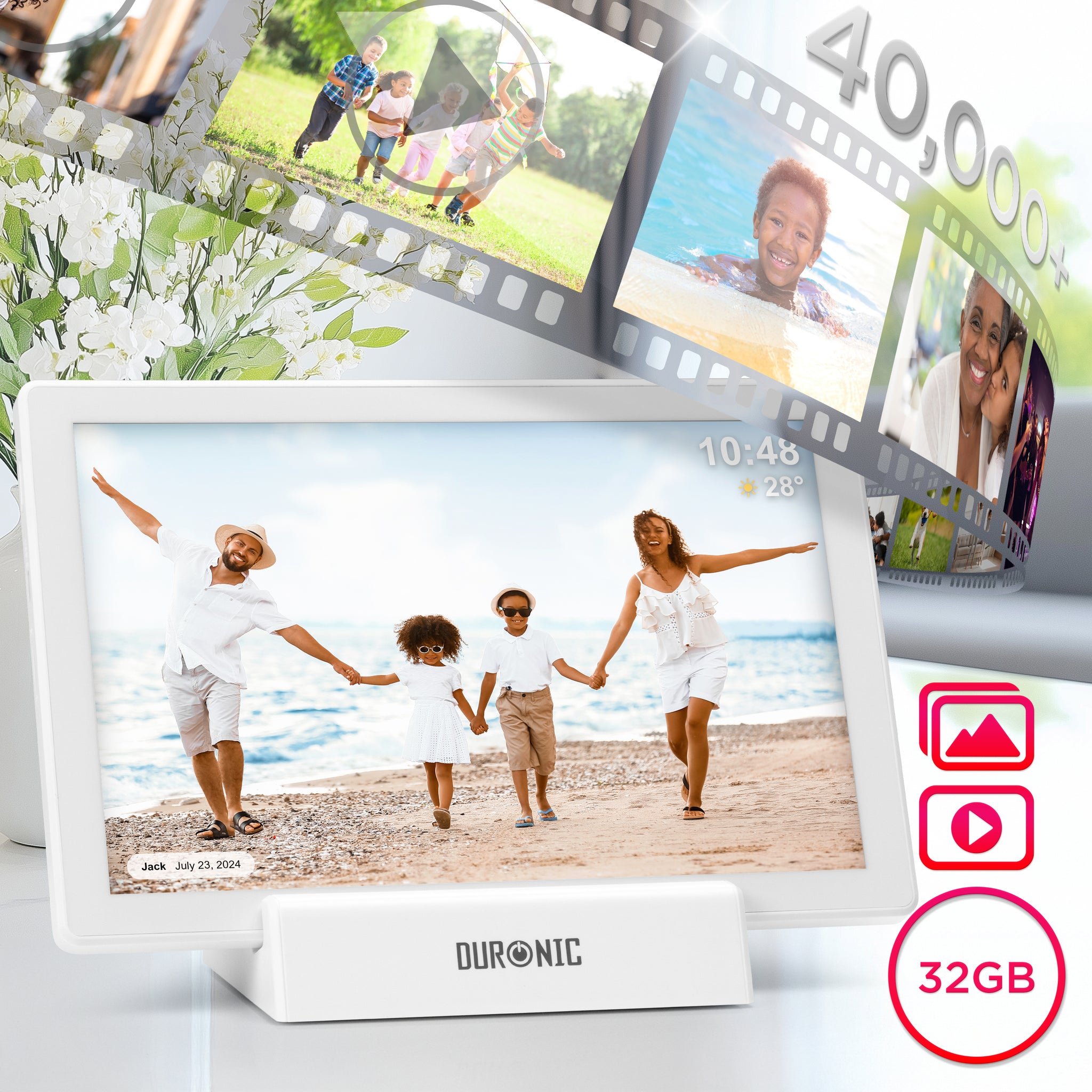 Duronic PF1D WE Cornice Digitale da 10,1 Pollici Frameo Cornice Elettronica Touch Screen con Schermo IPS Porta Foto digitale Memoria 32 GB, Wi-Fi e USB-C Digital Photo Frame 1280 x 800 pixel Bianco