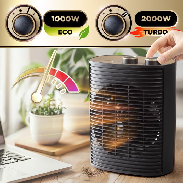 Duronic HV32 BK Stufetta Elettrica Portatile 2000W, Termoventilatore Compatto Silenzioso, 3 Modalità, Termostato Regolabile, Protezione Anti-Ribaltamento, Mini Heater per Casa e Ufficio