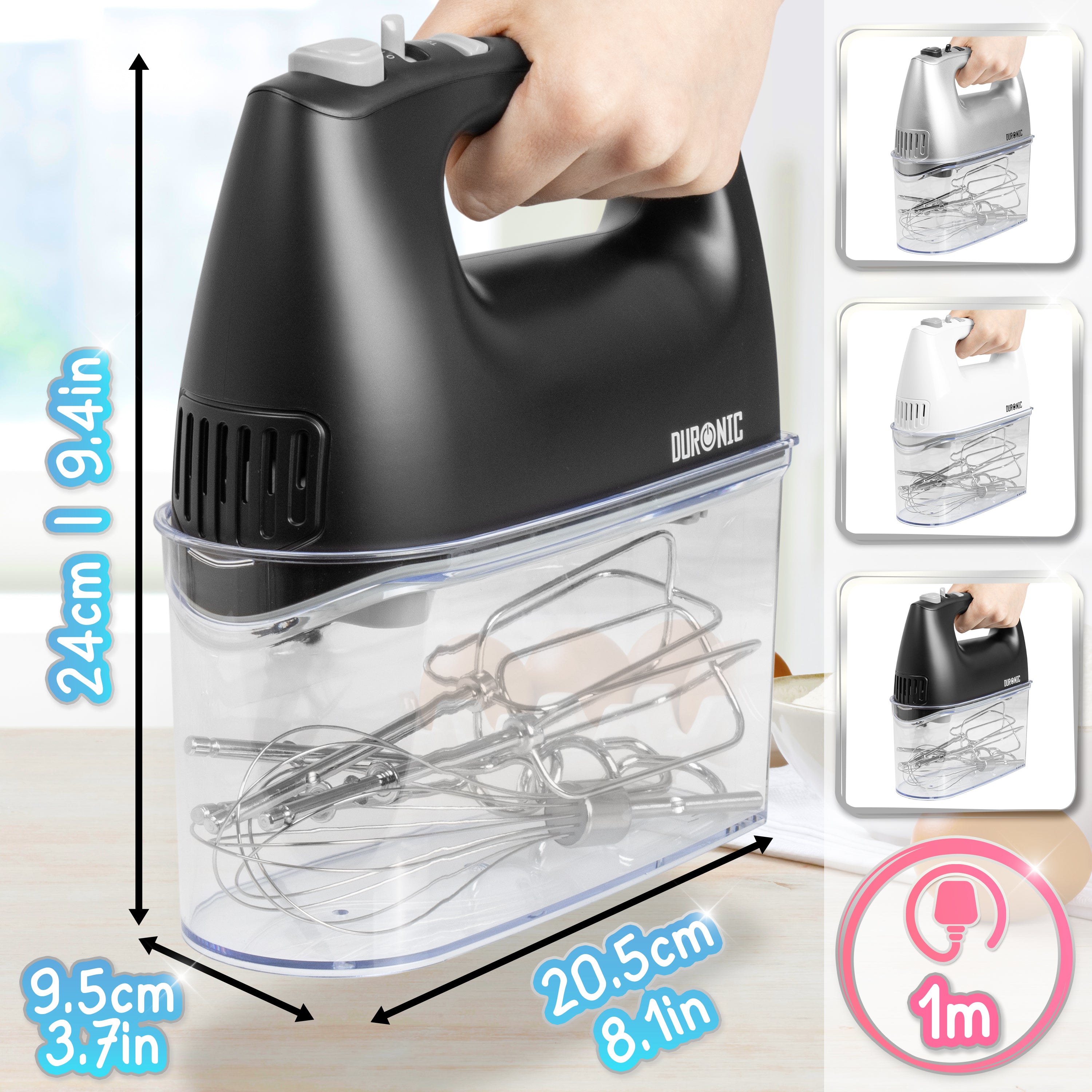 Duronic HM4 BK Sbattitore elettrico 400 W, Mixer 5 velocità e funzione turbo, Frusta elettrica con contenitore per accessori, 2 sbattitori 2 ganci e 1 frusta in acciaio INOX, Nero, Leggero