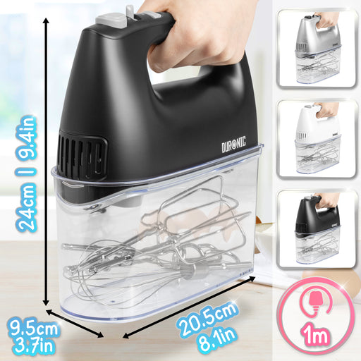 Duronic HM4 BK Sbattitore elettrico 400 W, Mixer 5 velocità e funzione turbo, Frusta elettrica con contenitore per accessori, 2 sbattitori 2 ganci e 1 frusta in acciaio INOX, Nero, Leggero