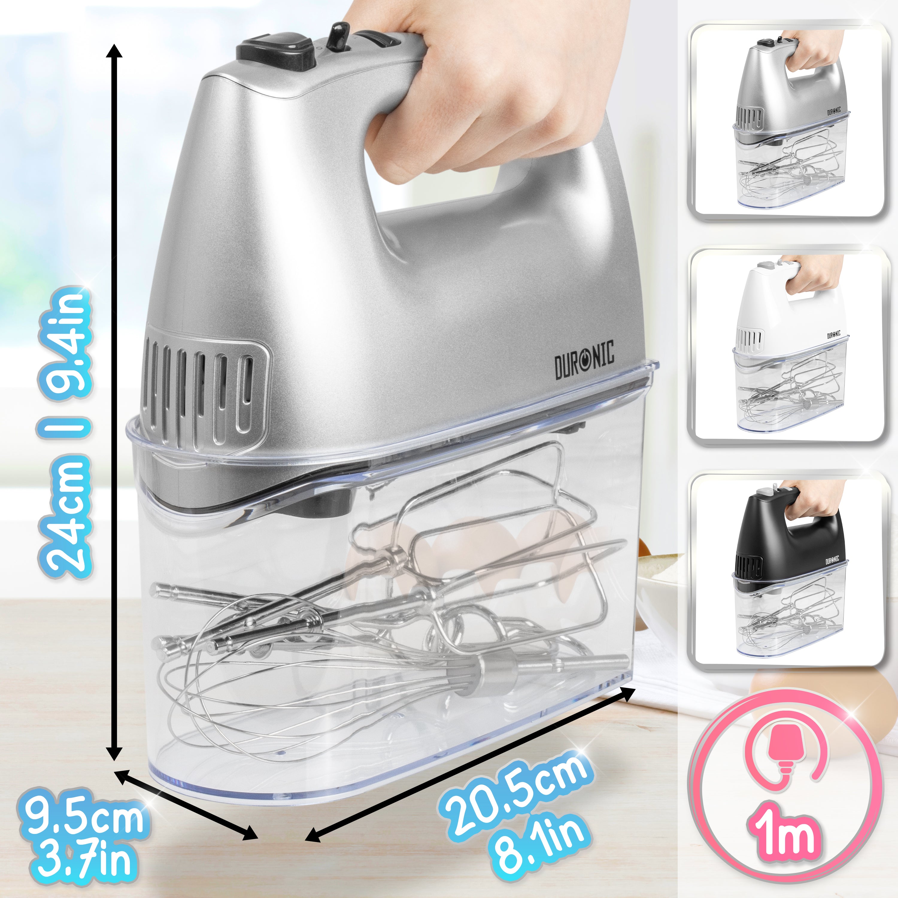 Duronic HM4 SR Sbattitore elettrico 400 W, Mixer 5 velocità e funzione turbo, Frusta elettrica con contenitore per accessori, 2 sbattitori 2 ganci e 1 frusta in acciaio INOX, Nero, Leggero