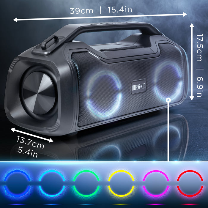 Duronic BX48 Altoparlante Bluetooth portatile 80W | Boombox wireless con luci RGB | Resistente all'acqua IPX5 | Durata della batteria di 4,5 ore | Cassa Bluetooth senza fili Compatibile con USB-AUX