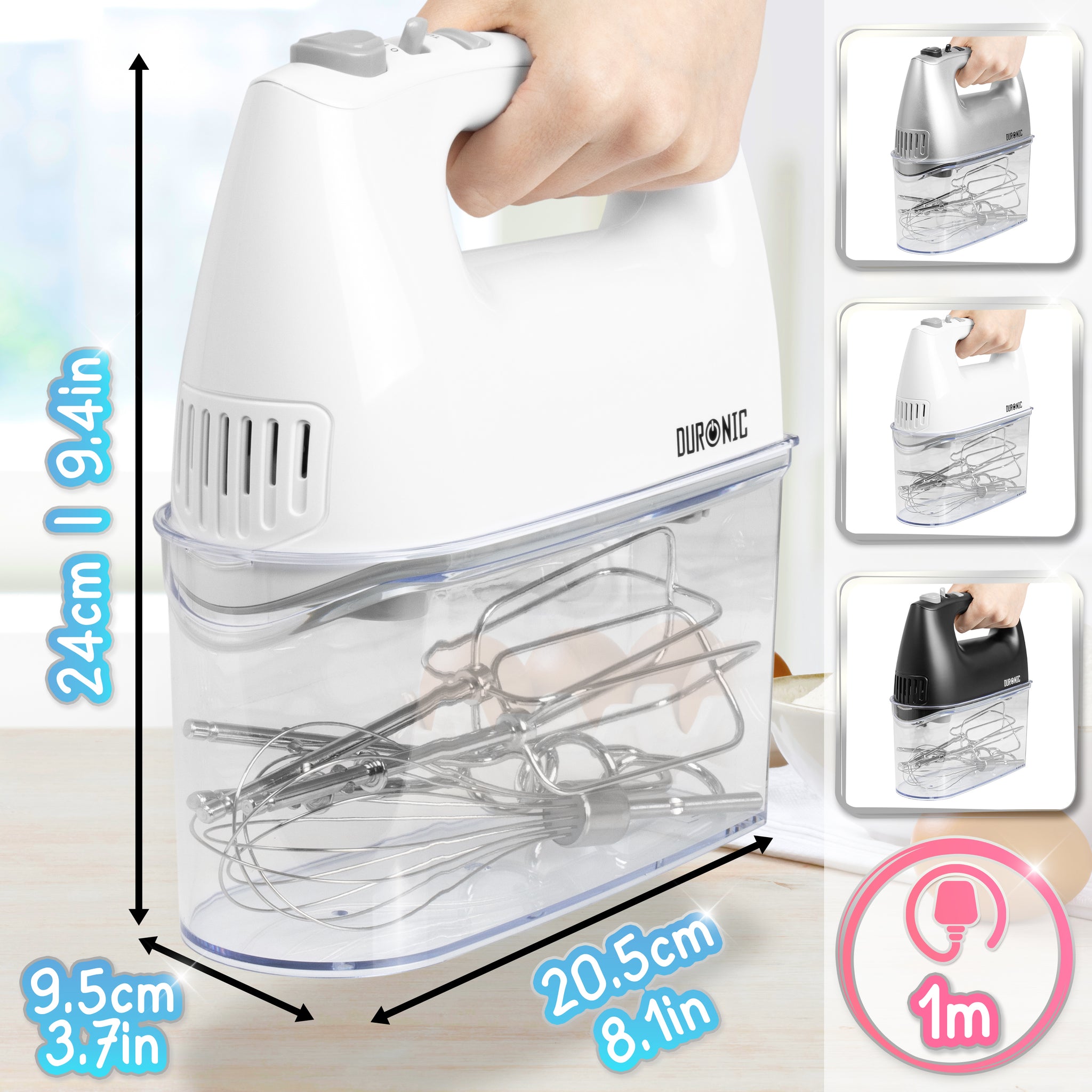 Duronic HM4 WE Sbattitore elettrico 400 W, Mixer 5 velocità e funzione turbo, Frusta elettrica con contenitore per accessori, 2 sbattitori 2 ganci e 1 frusta in acciaio INOX, Nero, Leggero