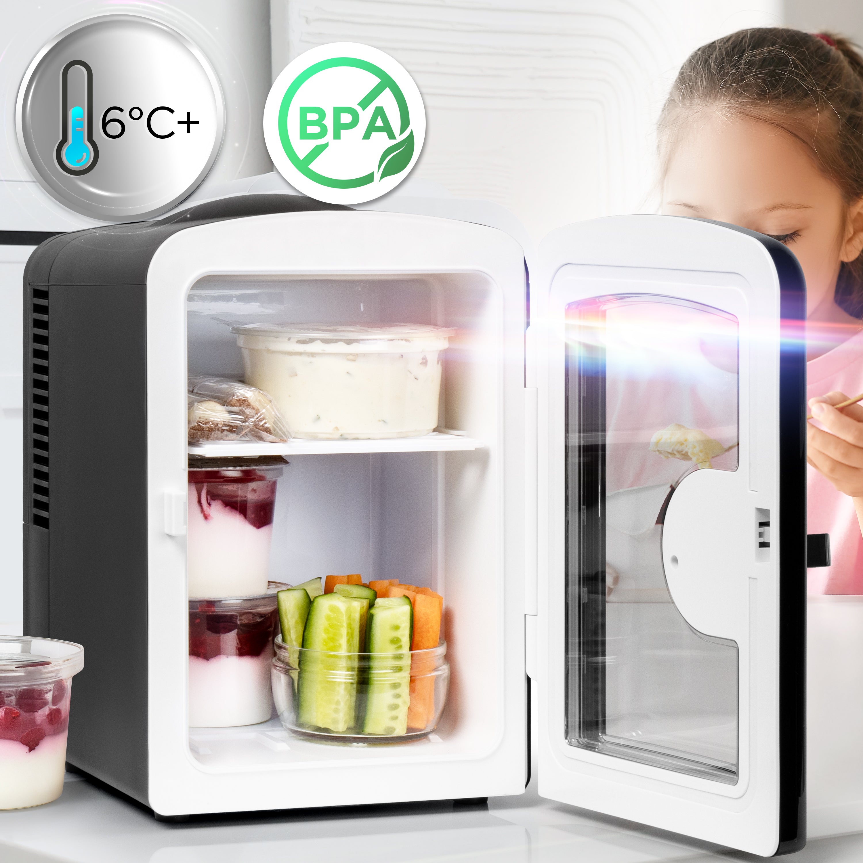 Duronic MFW4 BK Mini Frigo Portatile 4L Caldo Freddo Skincare Fridge per Cosmetici e Bevande Mini Cooler 6 Lattine AC/DC 12V Auto e 220V Casa Frigorifero Silenzioso per Camera Ufficio