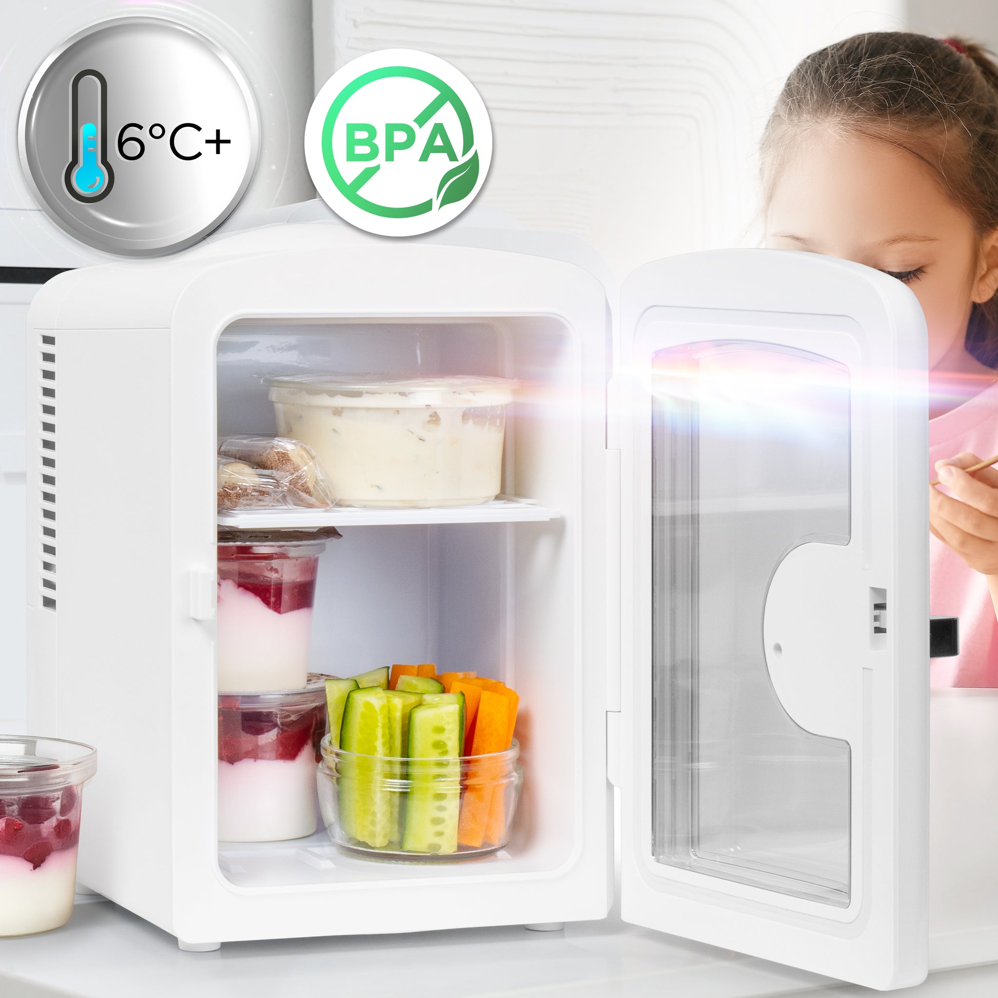 Duronic MFW4 WE Mini Frigo Portatile 4L Caldo Freddo Skincare Fridge per Cosmetici e Bevande Mini Cooler 6 Lattine AC/DC 12V Auto e 220V Casa Frigorifero Silenzioso per Camera Ufficio