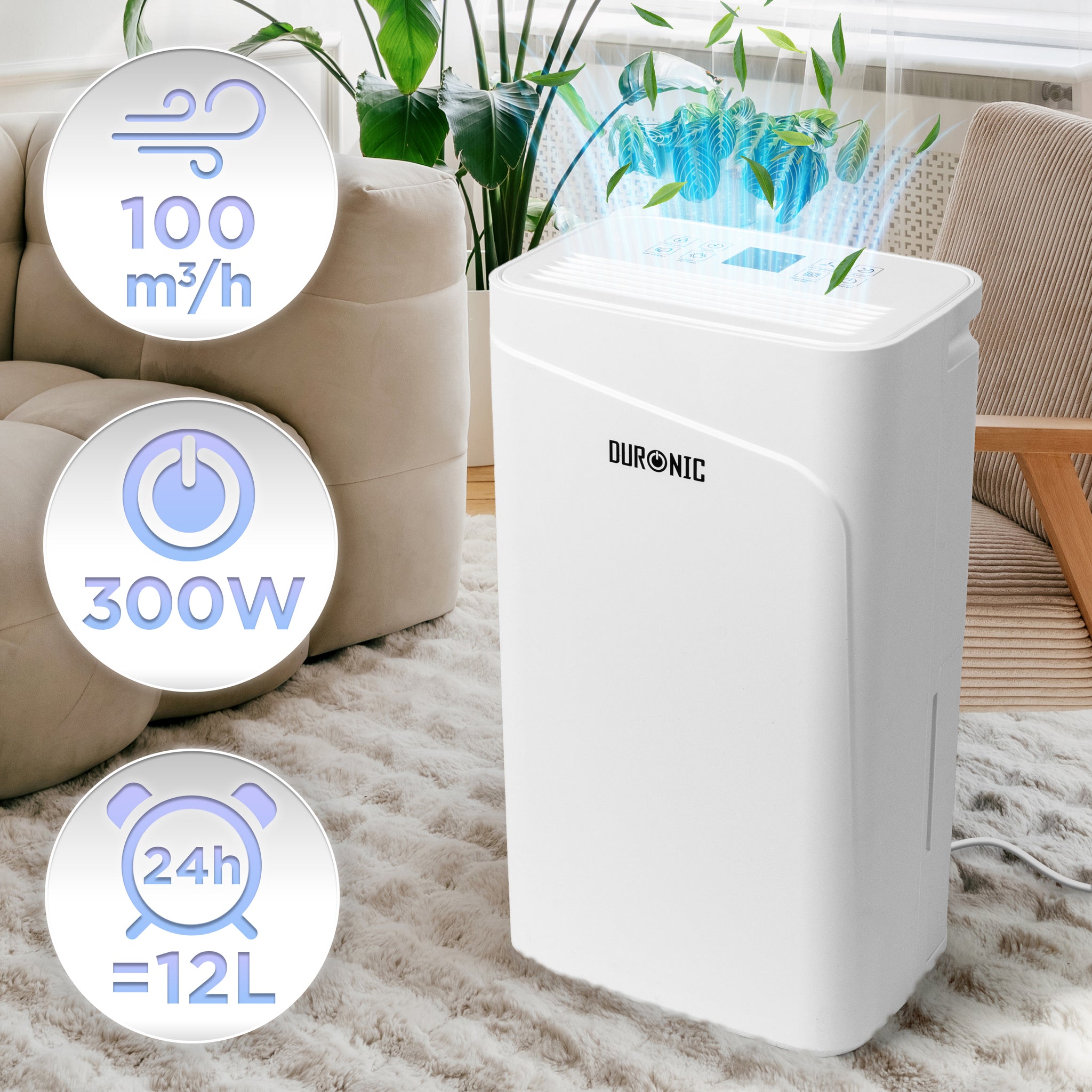 Duronic DH121 Deumidificatore 12L/Giorno 300W, Deumidificatore Casa Silenzioso 36dB con Serbatoio 2,1L, Antimuffa Umidità Muffa Bagno Camera Cantina, Timer 24h Scarico Continuo, Deumidificatore Aria