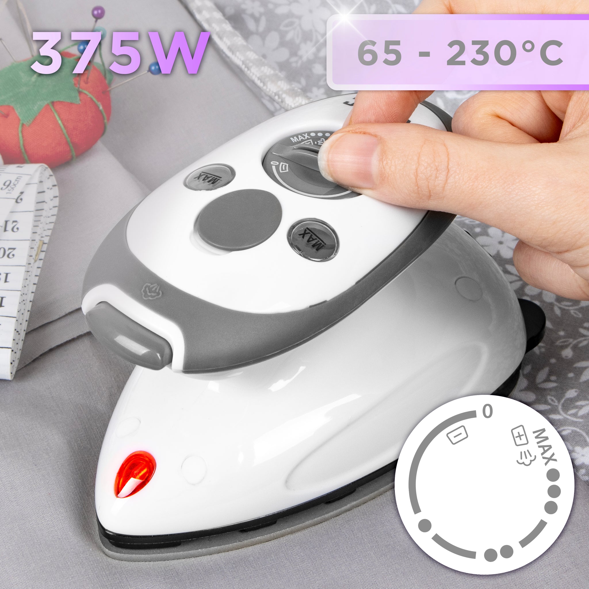 Duronic SI2 WE Mini Ferro da Stiro, Ferro da viaggio a vapore 375 W, Serbatoio 50ml, Steamer portatile con spazzola e borsello da viaggio, Ferro a vapore per lavori di cucito, quilting, Bianco