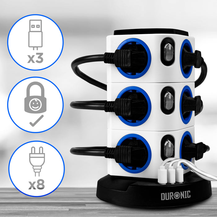 Duronic ET12L Multipresa Torre 3680W con 12 Prese Schuko, 3 USB, Luce LED Notturna Touch, Ciabatta Elettrica Verticale, Protezione Sovraccarico, Cavo 1.8m, Torre Multipresa USB Casa Ufficio Gaming TV