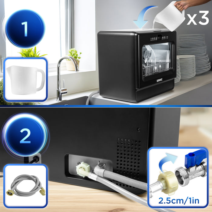 Duronic DW10 BK Lavastoviglie Compatta da Tavolo 1050W, Mini Lavastoviglie Portatile Salvaspazio con Serbatoio Acqua, 5 Programmi Eco Rapido Intensivo Asciugatura, LED Touch per Piccola Cucina Camper