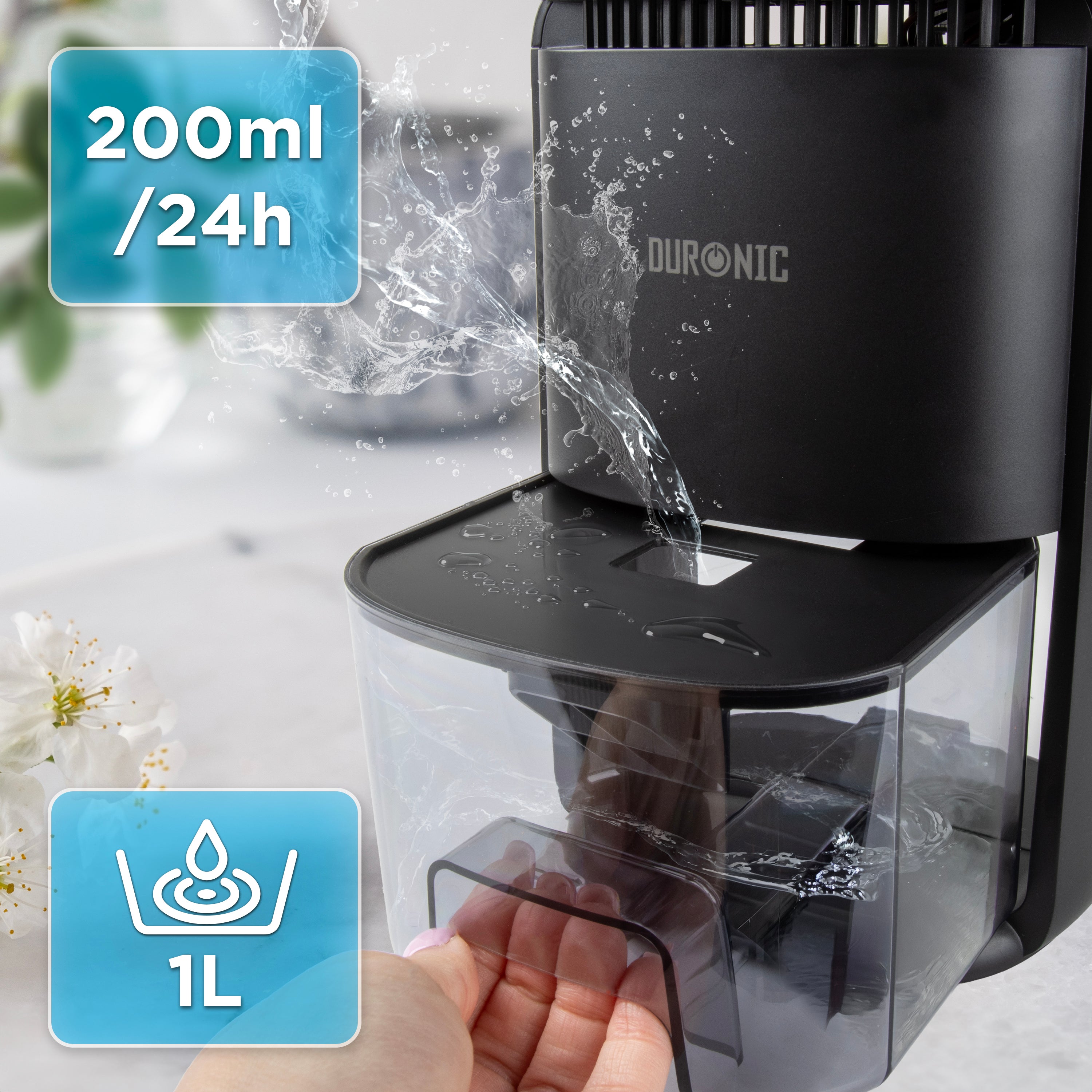 Duronic DH07 BK Mini Deumidificatore 22,5W 1L con Timer e Spegnimento Automatico, Deumidificatore Elettrico Compatto per Camera da Letto, Bagno e Casa, Anti Muffa, Condensa, Allergie e Umidità, Nero