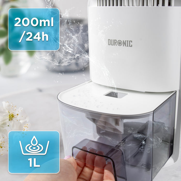 Duronic DH07 WE Mini Deumidificatore 22,5W 1L con Timer e Spegnimento Automatico, Deumidificatore Elettrico Compatto per Camera da Letto, Bagno e Casa, Anti Muffa, Condensa, Allergie e Umidità, Bianco