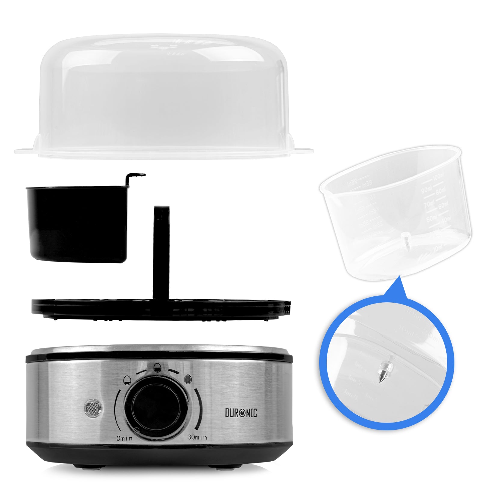 Duronic EB50 BK Cuociuova Elettrico 1-7 Uova 400W – Bollitore Uova con Timer 0-30 Min, 3 Livelli Cottura Sodo Molletto Alla Coque, Spegnimento Automatico con Allarme, Cottura Vapore Verdure Omelette