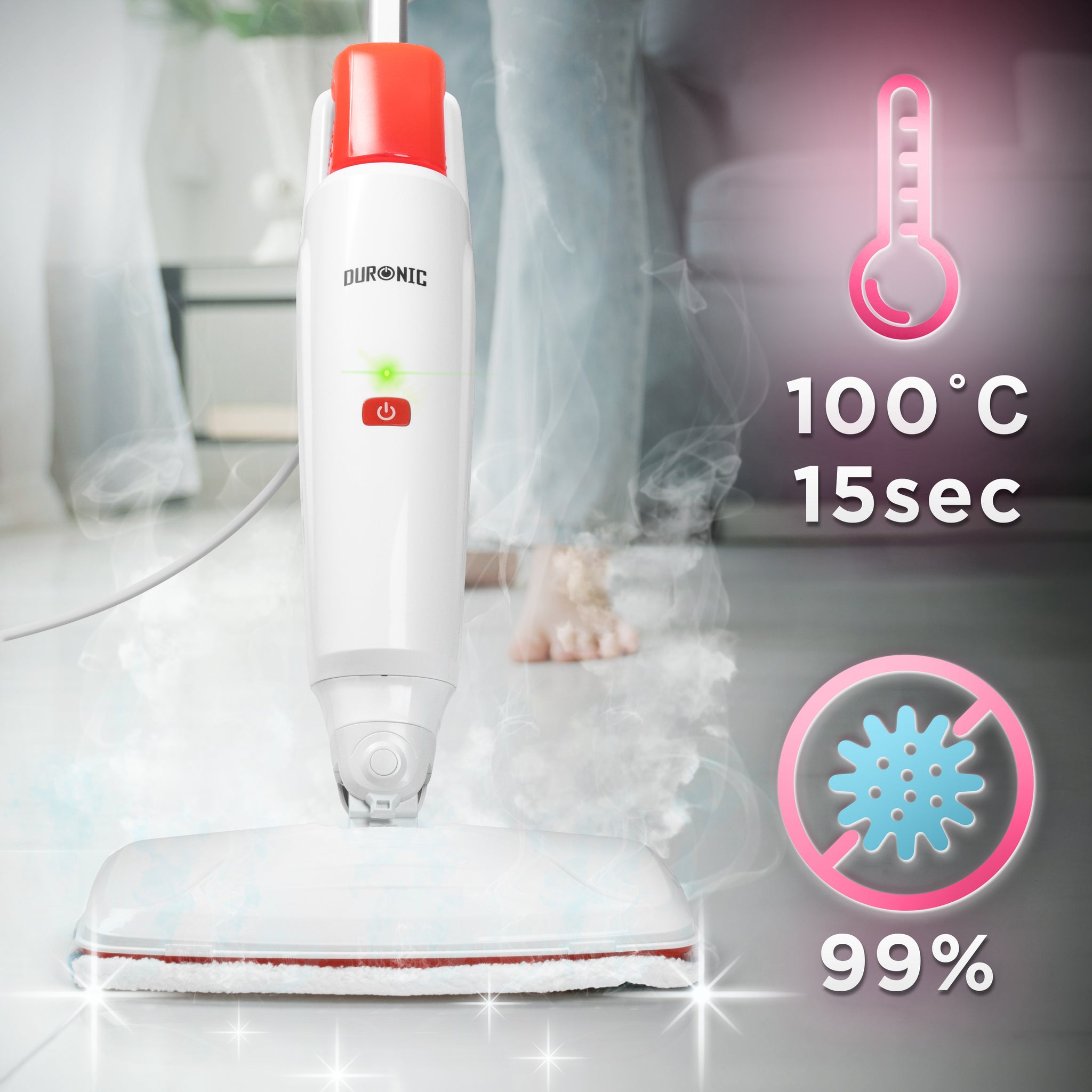 Duronic STM15 WE Scopa a Vapore 1500W, Lavapavimenti Senza Detergenti, Pulitore a Vapore per Pavimenti e Tappeti, Serbatoio 500 ml, Igienizza ed Elimina Batteri, Cavo 7 m, Bianco