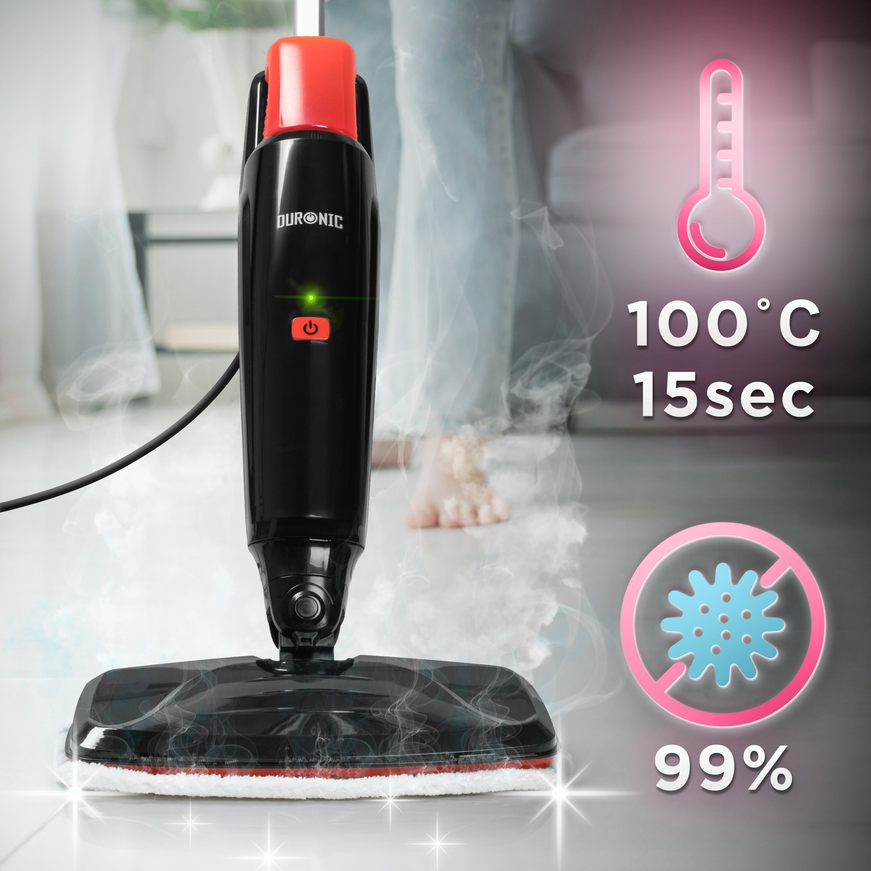 Duronic STM15 BK Scopa a Vapore 1500W, Lavapavimenti Senza Detergenti, Pulitore a Vapore per Pavimenti e Tappeti, Serbatoio 500 ml, Igienizza ed Elimina Batteri, Cavo 7 m, Nero