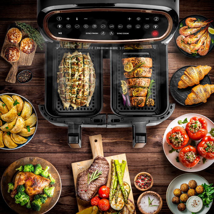 Duronic AFD2 BG Set 2 Cestelli di Cottura da 5 Litri per Friggitrice ad Aria, Compatibili Solo con i Modelli Duronic AF14, AF24, AF34, Accessorio per Airfryer a Doppio Cassetto, Nero e Oro