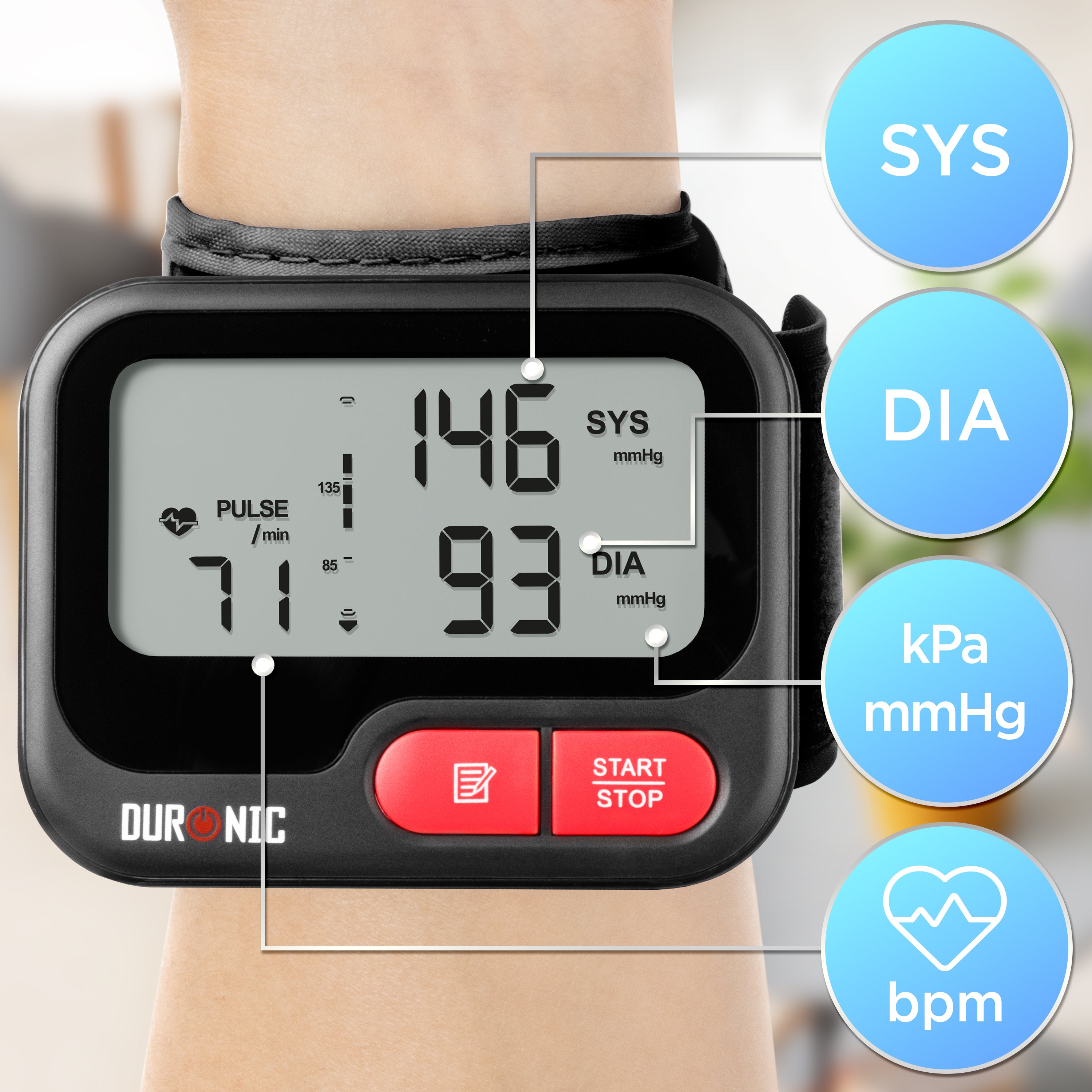 Duronic BPM65 BK Misuratore Pressione da Polso Digitale Automatico, Sfigmomanometro Portatile, Display Retroilluminato, Memoria, Rilevazione Aritmie, Misura Pressione Arteriosa, Battito, Nero