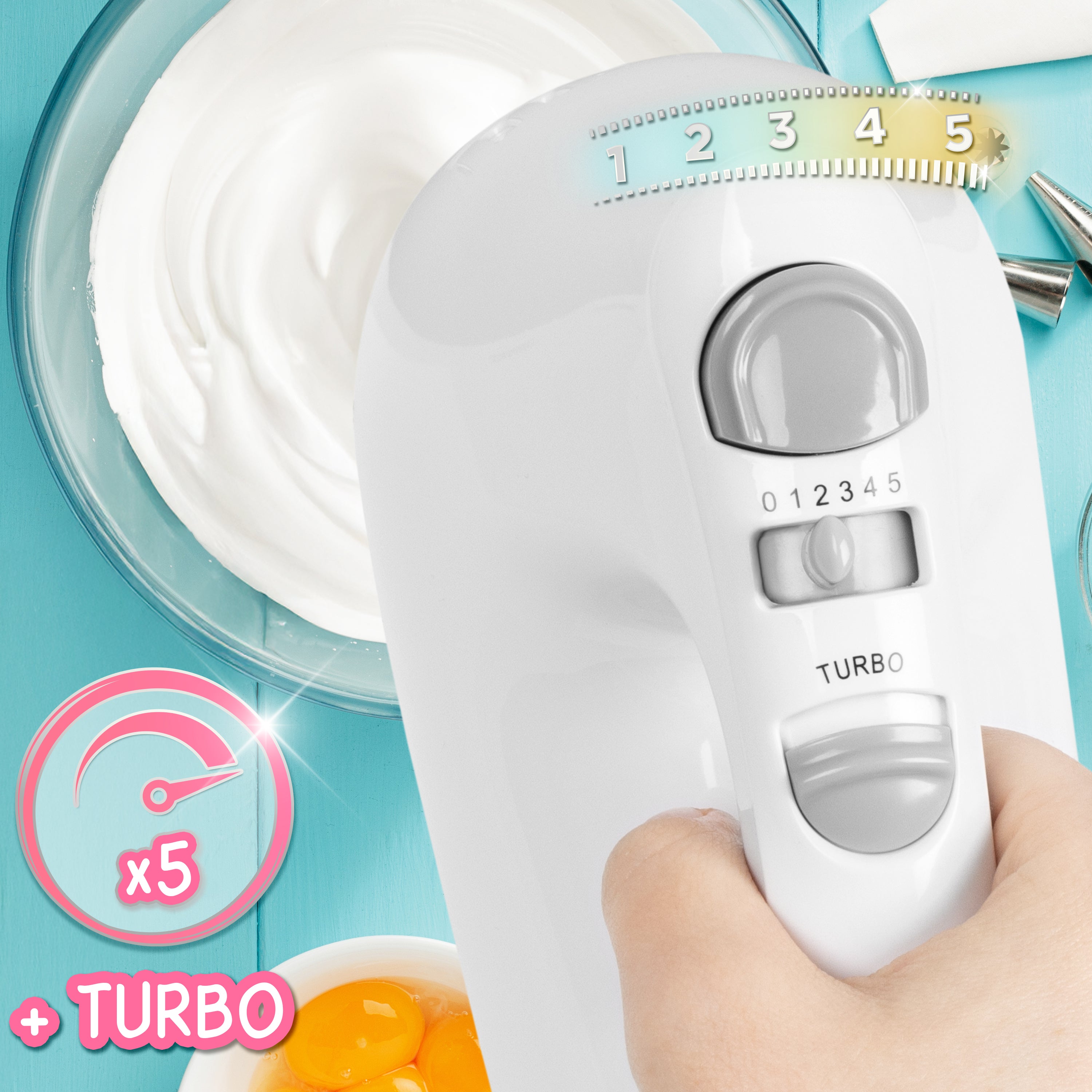 Duronic HM4 WE Sbattitore elettrico 400 W, Mixer 5 velocità e funzione turbo, Frusta elettrica con contenitore per accessori, 2 sbattitori 2 ganci e 1 frusta in acciaio INOX, Nero, Leggero