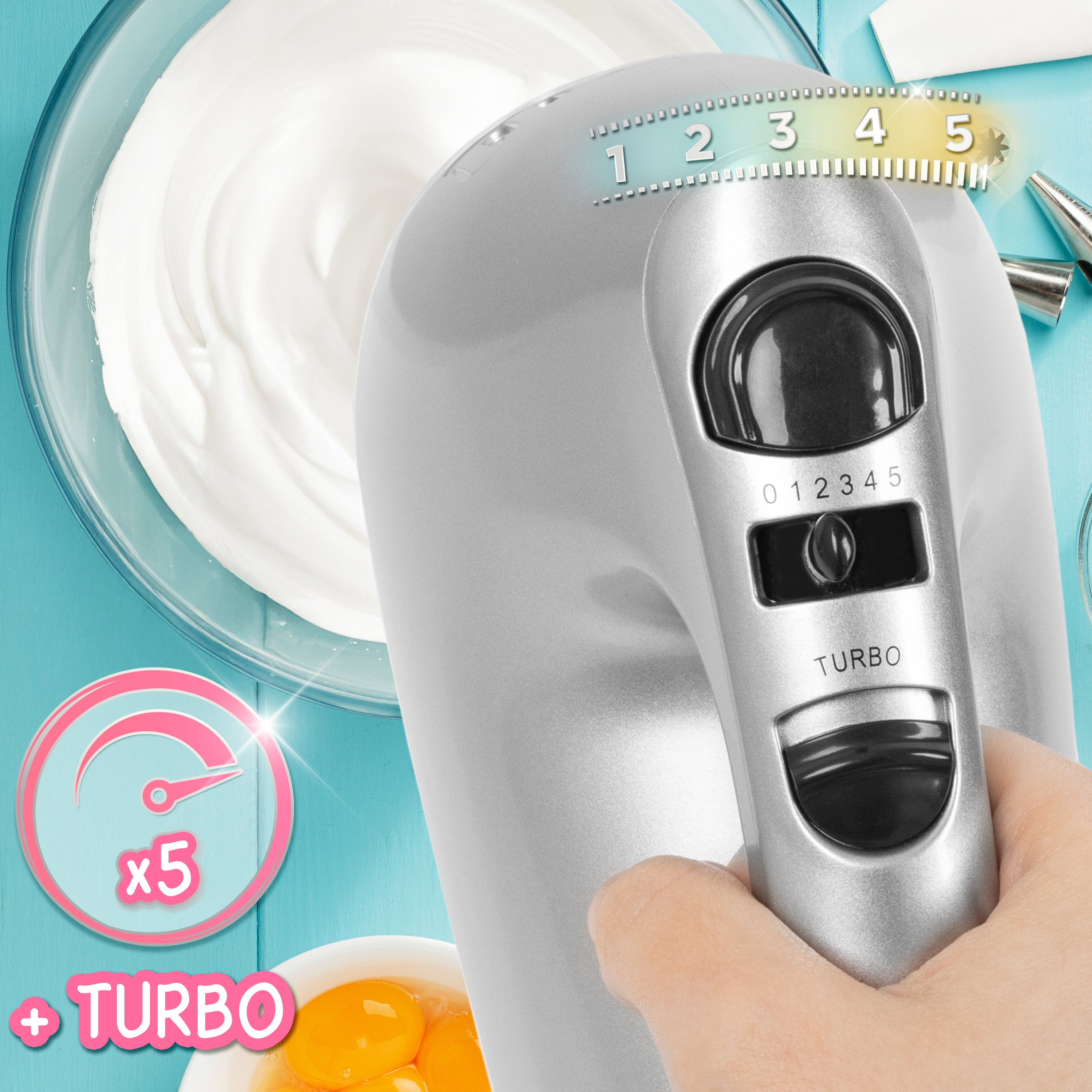 Duronic HM4 SR Sbattitore elettrico 400 W, Mixer 5 velocità e funzione turbo, Frusta elettrica con contenitore per accessori, 2 sbattitori 2 ganci e 1 frusta in acciaio INOX, Nero, Leggero