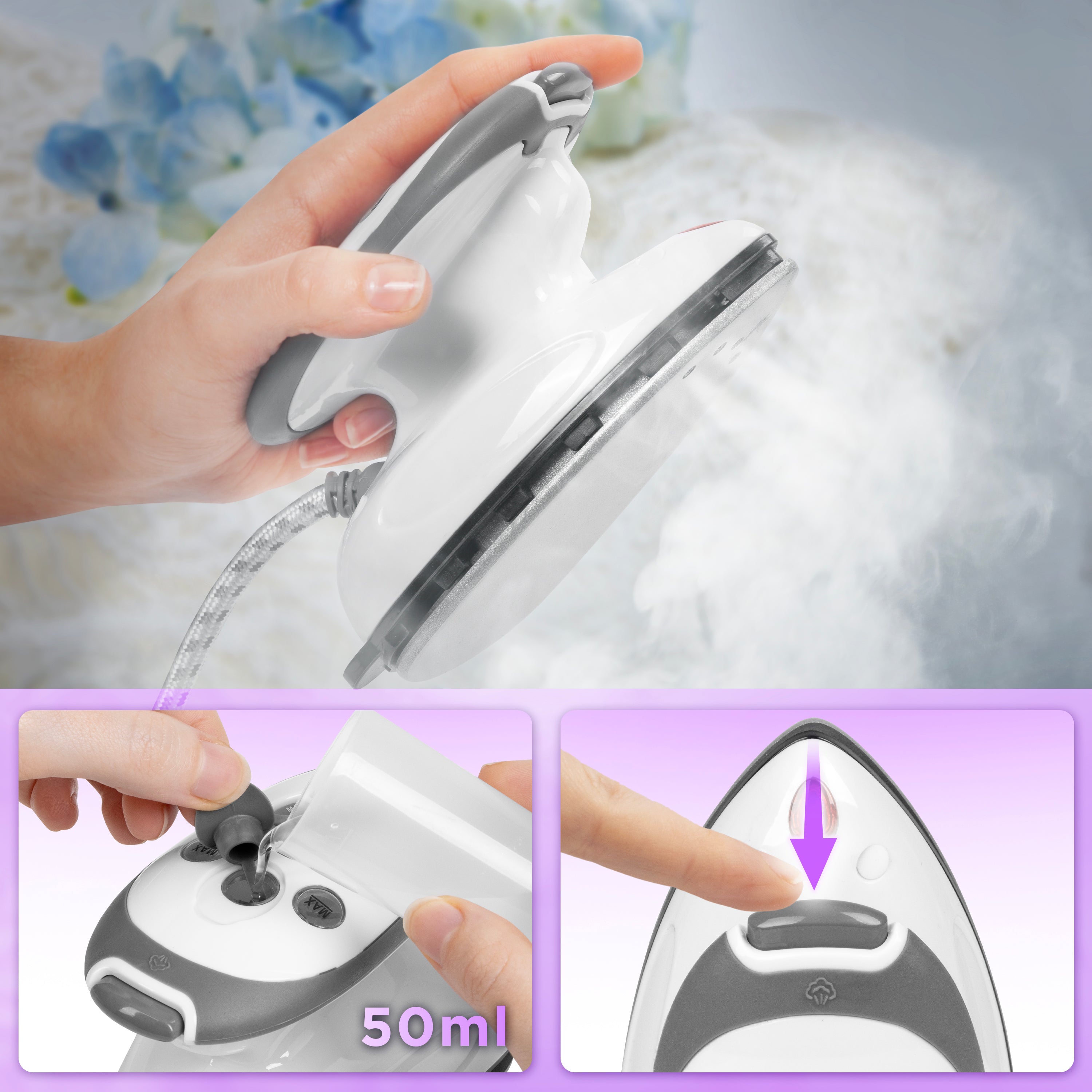 Duronic SI2 WE Mini Ferro da Stiro, Ferro da viaggio a vapore 375 W, Serbatoio 50ml, Steamer portatile con spazzola e borsello da viaggio, Ferro a vapore per lavori di cucito, quilting, Bianco