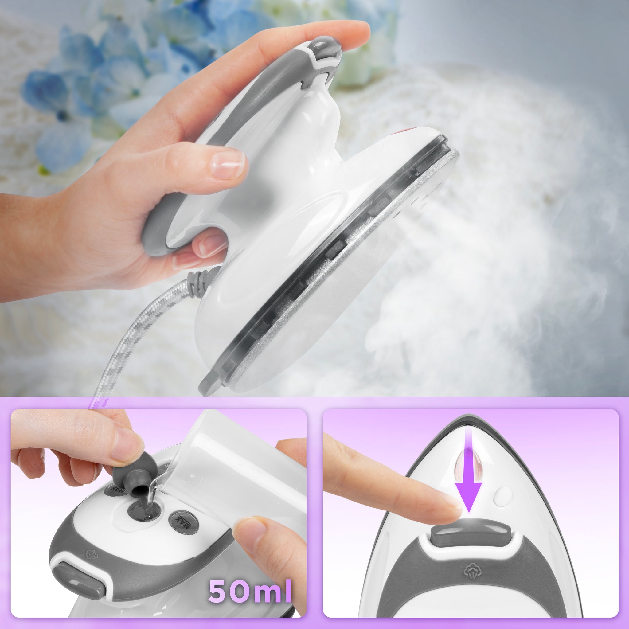 Duronic SI2 WE Mini Ferro da Stiro, Ferro da viaggio a vapore 375 W, Serbatoio 50ml, Steamer portatile con spazzola e borsello da viaggio, Ferro a vapore per lavori di cucito, quilting, Bianco