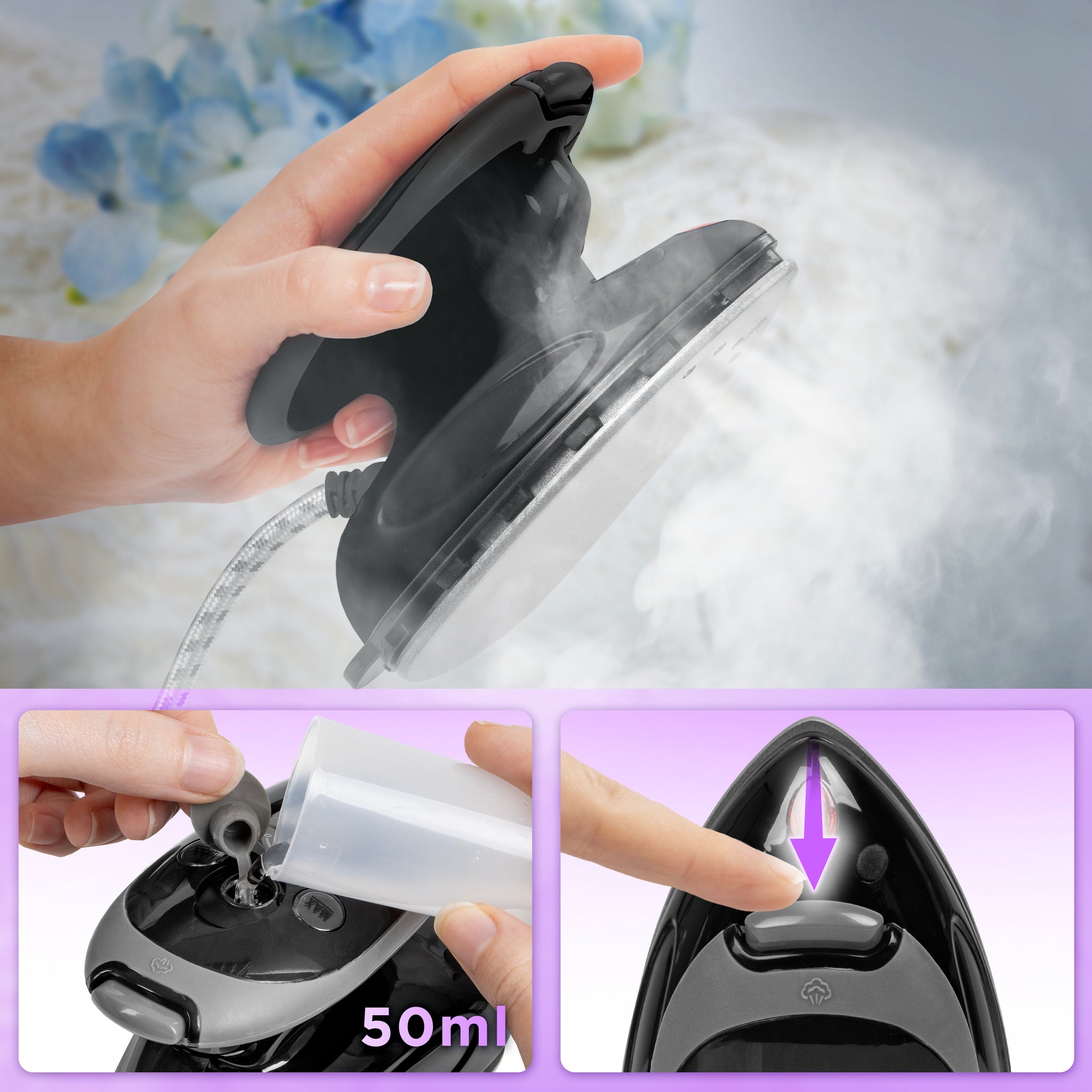 Duronic SI2 BK Mini Ferro da Stiro, Ferro da viaggio a vapore 375 W, Serbatoio 50ml, Steamer portatile con spazzola e borsello da viaggio, Ferro a vapore per lavori di cucito, quilting, Bianco (Copy)