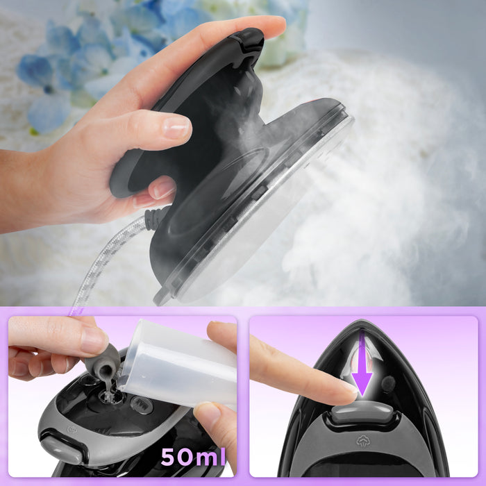 Duronic SI2 BK Mini Ferro da Stiro, Ferro da viaggio a vapore 375 W, Serbatoio 50ml, Steamer portatile con spazzola e borsello da viaggio, Ferro a vapore per lavori di cucito, quilting, Bianco (Copy)