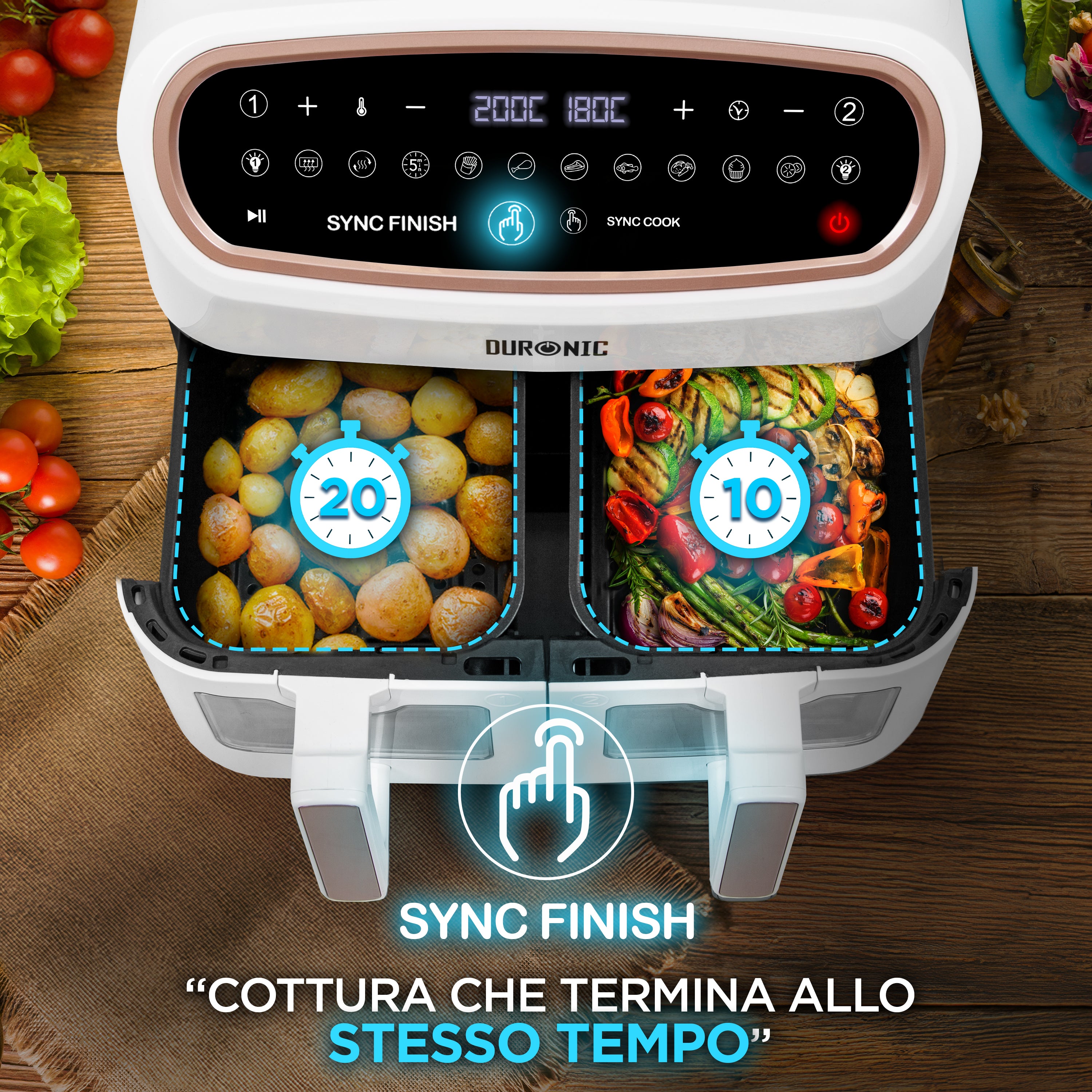 Duronic AF14 BK Friggitrice ad Aria extra grande Air Fryer 2400W Cestello da 10L Friggitrice senza olio 10in1 Friggitrice ad aria calda con finestra di controllo Friggitrice
