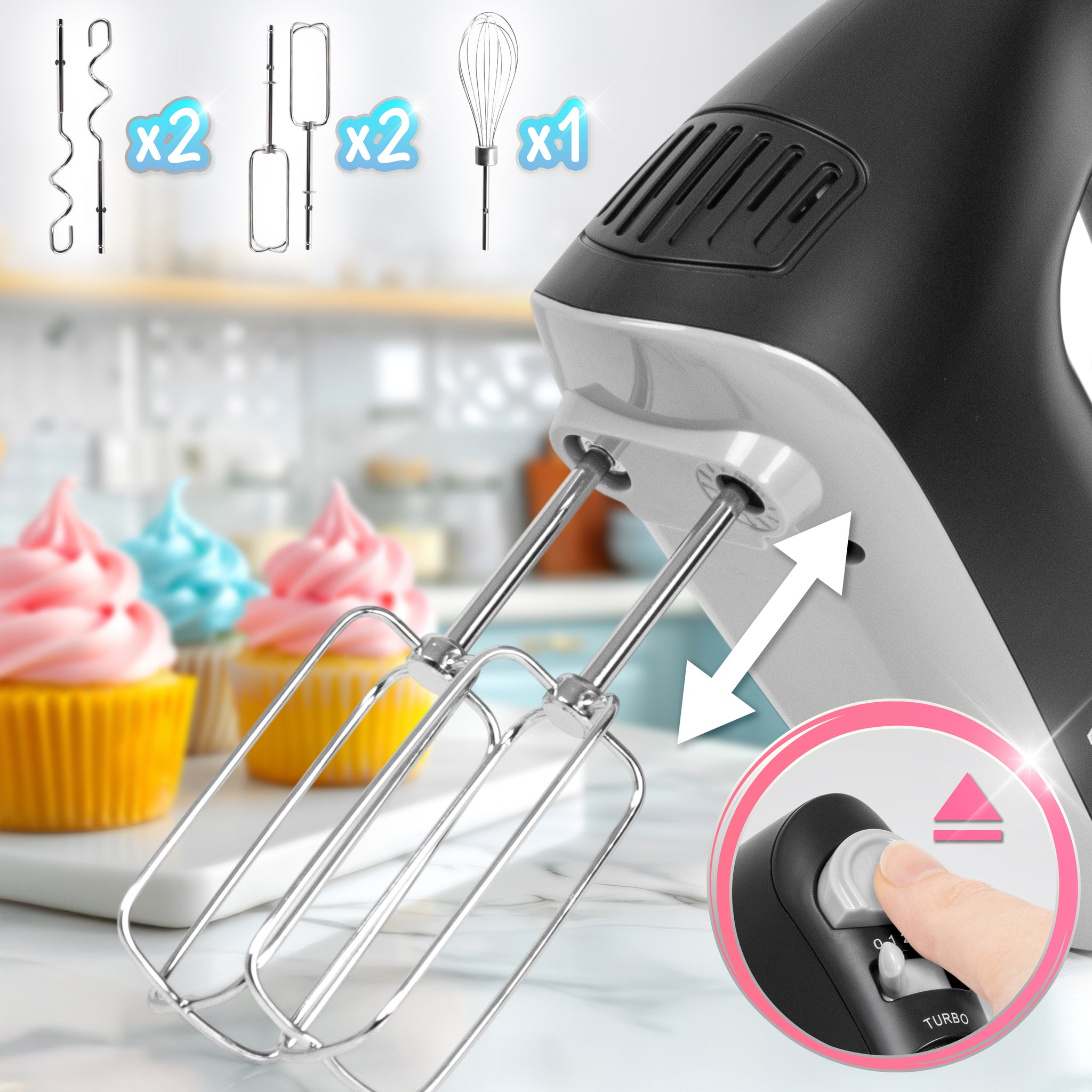 Duronic HM4 BK Sbattitore elettrico 400 W, Mixer 5 velocità e funzione turbo, Frusta elettrica con contenitore per accessori, 2 sbattitori 2 ganci e 1 frusta in acciaio INOX, Nero, Leggero