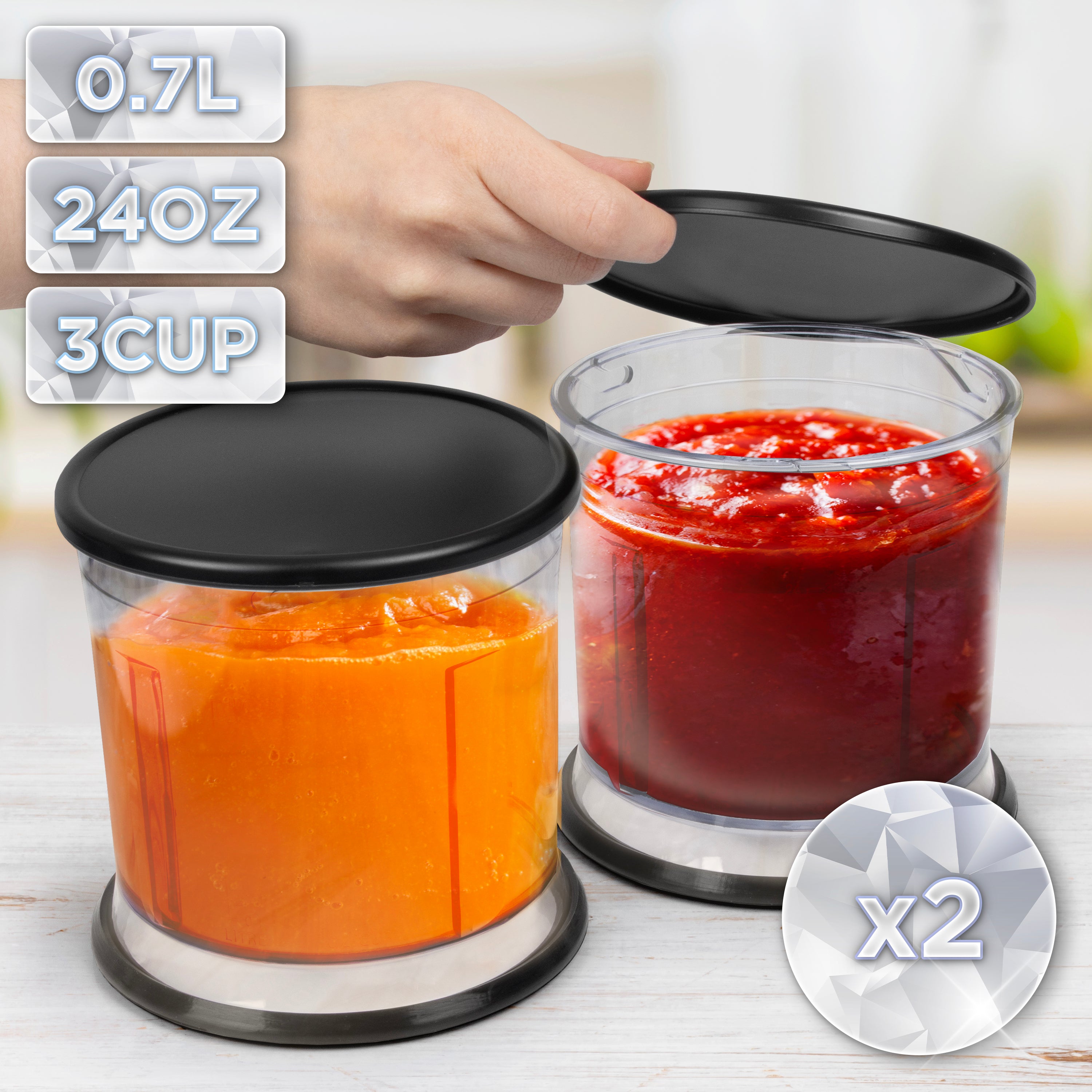 Duronic CH57 BK Mini Tritatutto 500W con 2 Ciotole 700 ml con Coperchio, Robot da Cucina Multifunzione per Verdure Frutta Carne Spezie, 4 Lame Acciaio Inox, Funzione Impulso, Preparazione Salse Nero