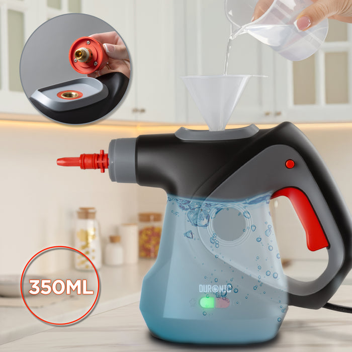 Duronic SC32 BK Pulitore a Vapore Portatile 1050W con Serbatoio 350 ml, Pulizia a Vapore Multifunzione Senza Detergenti per Divani Tessuti Fughe Doccia Forno Cucina Vetri Finestre Auto Nero