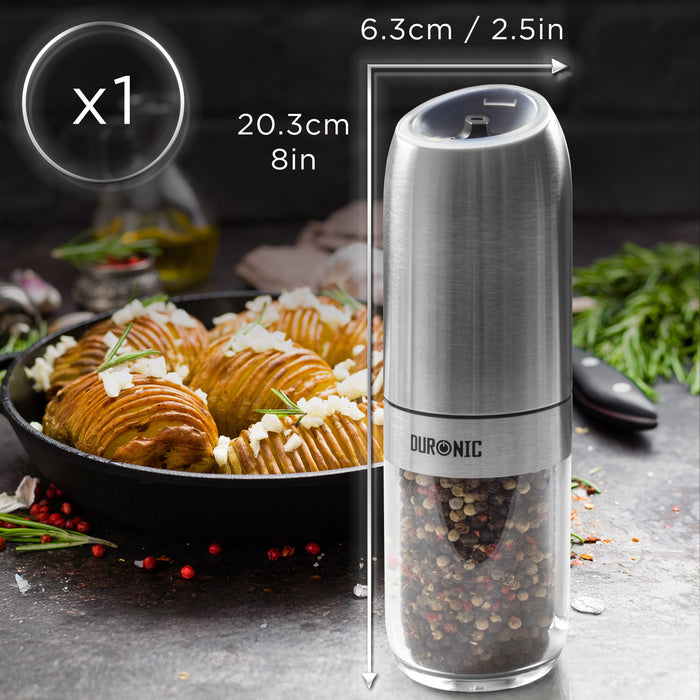 Duronic EMB1 Macinapepe Elettrico Automatico, Macinasale e Macina Spezie 150 ml, Gravità Senza Pulsanti, Regolabile Fine Grossa, Luce LED Macinino Sale Pepe, Portatile Alimentazione Batterie
