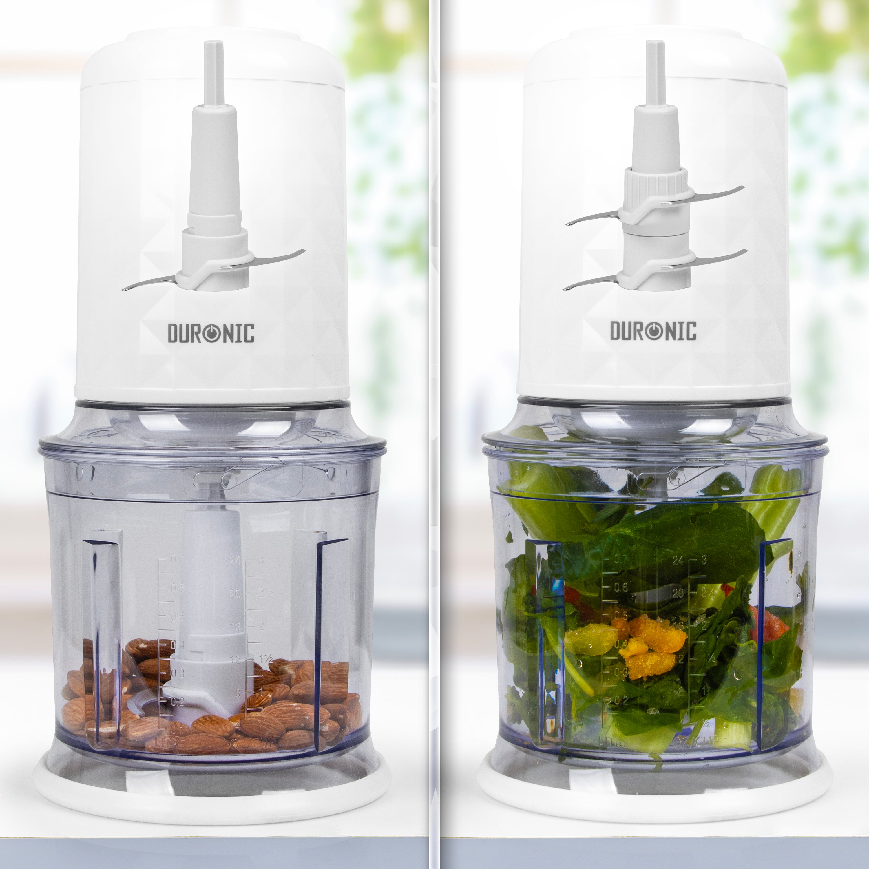 Duronic CH57 WE Mini Tritatutto 500W con 2 Ciotole 700 ml con Coperchio, Robot da Cucina Multifunzione per Verdure Frutta Carne Spezie, 4 Lame Acciaio Inox, Funzione Impulso, Preparazione Salse Bianco