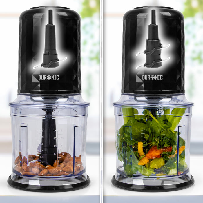 Duronic CH57 BK Mini Tritatutto 500W con 2 Ciotole 700 ml con Coperchio, Robot da Cucina Multifunzione per Verdure Frutta Carne Spezie, 4 Lame Acciaio Inox, Funzione Impulso, Preparazione Salse Nero