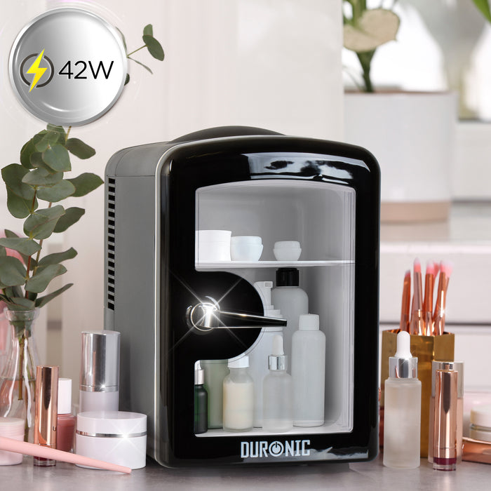 Duronic MFW4 BK Mini Frigo Portatile 4L Caldo Freddo Skincare Fridge per Cosmetici e Bevande Mini Cooler 6 Lattine AC/DC 12V Auto e 220V Casa Frigorifero Silenzioso per Camera Ufficio