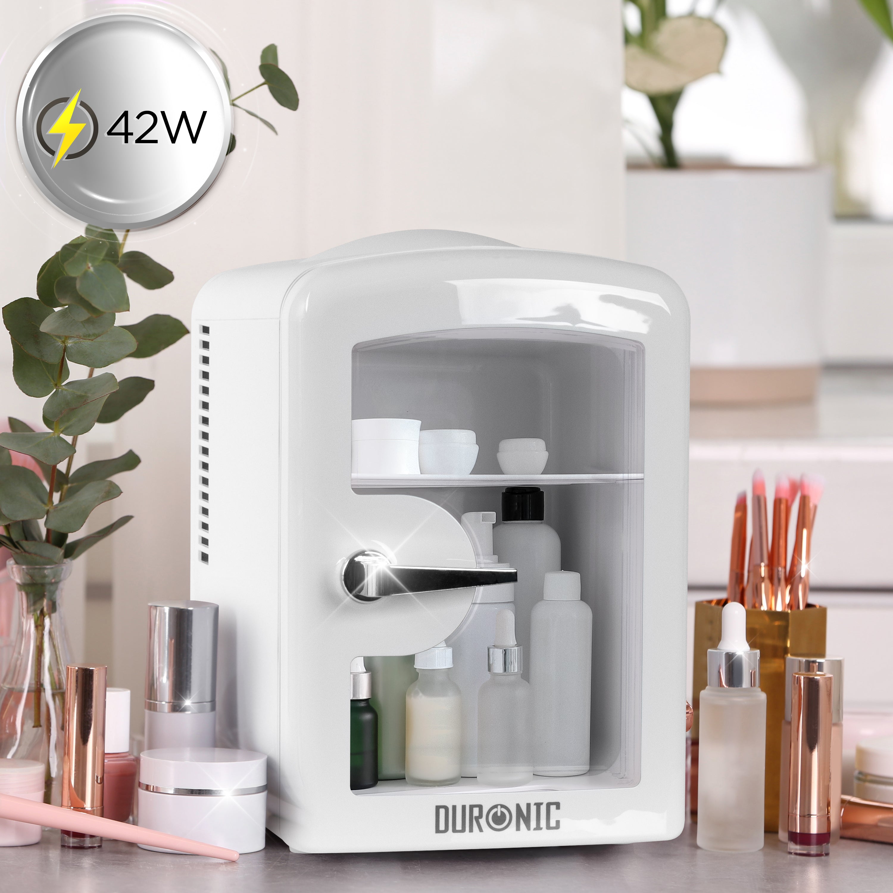 Duronic MFW4 WE Mini Frigo Portatile 4L Caldo Freddo Skincare Fridge per Cosmetici e Bevande Mini Cooler 6 Lattine AC/DC 12V Auto e 220V Casa Frigorifero Silenzioso per Camera Ufficio