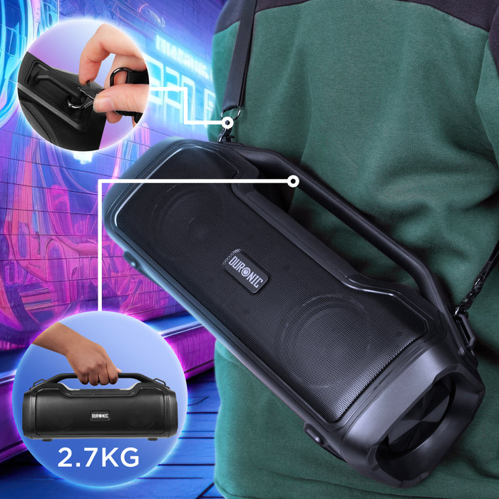 Duronic BX48 Altoparlante Bluetooth portatile 80W | Boombox wireless con luci RGB | Resistente all'acqua IPX5 | Durata della batteria di 4,5 ore | Cassa Bluetooth senza fili Compatibile con USB-AUX