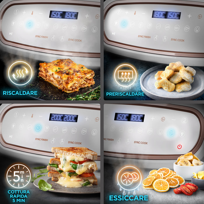 Duronic AF34 WE Friggitrice ad Aria extra grande, Air Fryer 2400W, 2 cestelli da 5L e 1 Cestello da 10L, Friggitrice senza olio 10in1, Friggitrice ad aria calda con finestra di controllo, Friggitrice