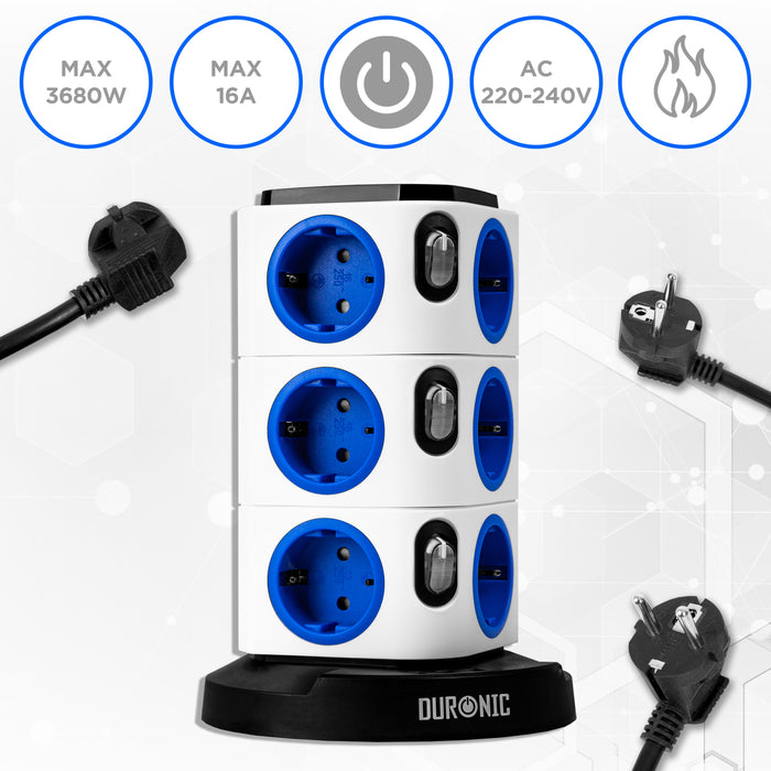 Duronic ET12L Multipresa Torre 3680W con 12 Prese Schuko, 3 USB, Luce LED Notturna Touch, Ciabatta Elettrica Verticale, Protezione Sovraccarico, Cavo 1.8m, Torre Multipresa USB Casa Ufficio Gaming TV
