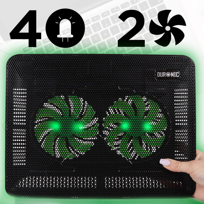 Duronic LC2 Ventilatore PC portatile: Base di raffreddamento per laptop | Supporto Sistema di Raffreddamento per Notebook con Doppia Ventola, Altezza Regolabile, Luci LED - Ideale per Laptop 11"-17