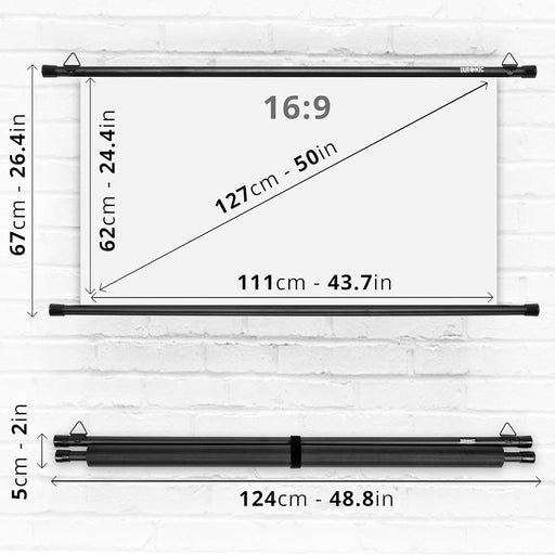 Duronic BPS50 16/9 Schermo di proiezione 50” formato 16:9/111 x 62 cm telo proiettore telo da proiezione Barra a gancio per esterni ed interni Full HD 3D 4K - Home cinema home theater ufficio