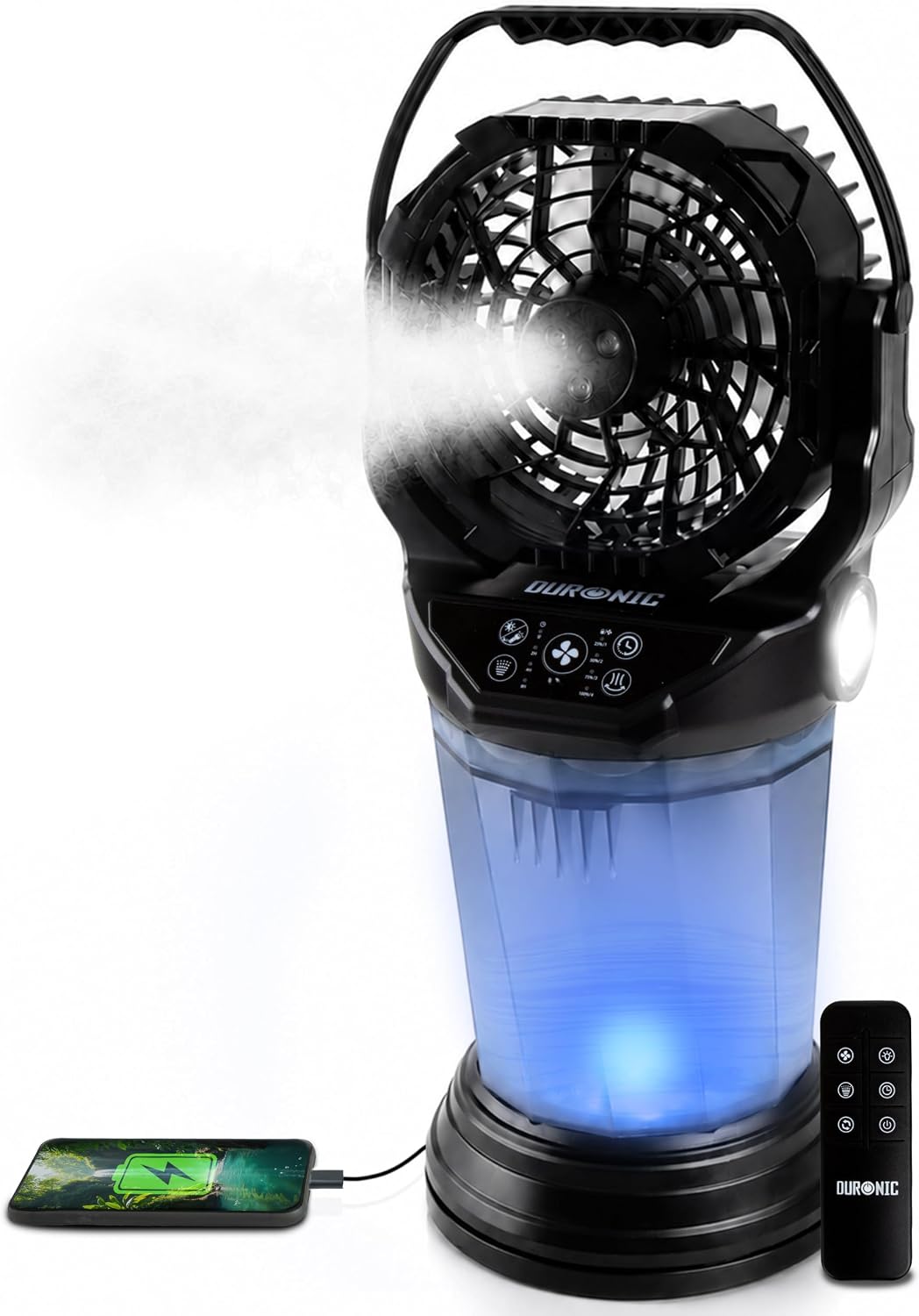 Duronic FM6 Ventilatore Nebulizzatore Portatile Ricaricabile 2L | Telecomando, 4 velocità, oscillazione 90°, luci LED, torcia emergenza, timer, USB-C, 2kg, per camera, ufficio, campeggio