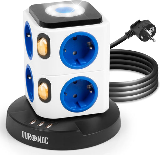 Duronic ET8L Torre Elettrica da 3680 W|8 prese di corrente e 3 prese USB A | Spina UE tipo C| Uscita USB: 5 V, 2.4 A | Ingresso USB: 100-250 V, 50/60 Hz| Luce incorporata