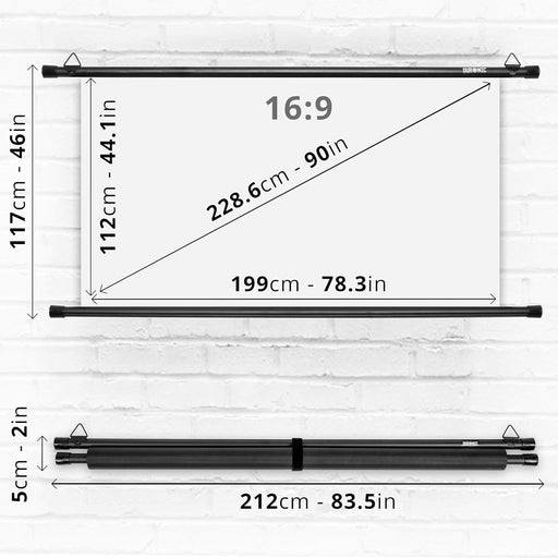 Duronic BPS90 16/9 Schermo di proiezione 90” formato 16:9/199 x 112 cm, bianco opaco, ultra HD, montaggio a parete o a soffitto, per Home Cinema, Scuola e Ufficio