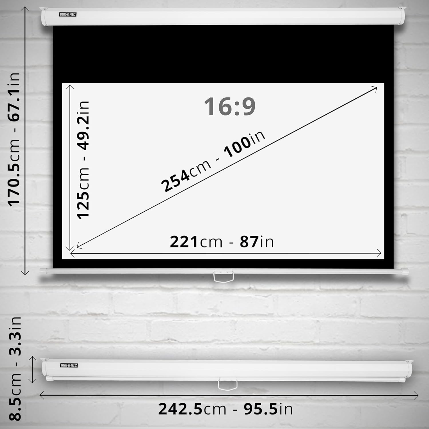 Duronic MPS100 WE 16/9 Schermo di proiezione 100 formato 16:9 / 125 x 221 cm telo da proiezione a sviluppo manuale - Fissaggio a muro o a soffitto - Full HD 3D 4K - Home cinema home theater ufficio