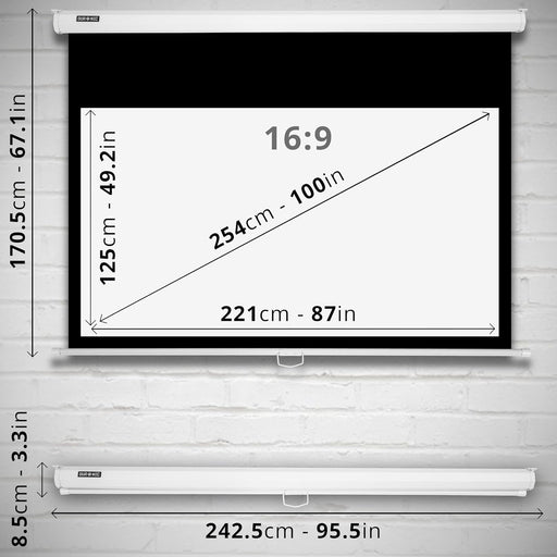 Duronic MPS100 WE 16/9 Schermo di proiezione 100” formato 16:9/125 x 221 cm telo da proiezione a sviluppo manuale - Fissaggio a muro o a soffitto - Full HD 3D 4K - Home cinema home theater ufficio