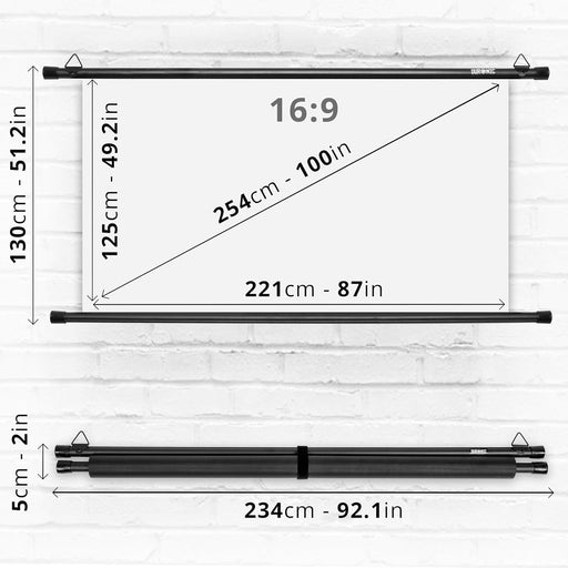 Duronic BPS100 16/9 Schermo di proiezione 100” formato 16:9/221 x 125 cm telo proiettore telo da proiezione Barra a gancio per esterni ed interni Full HD 3D 4K - Home cinema home theater ufficio