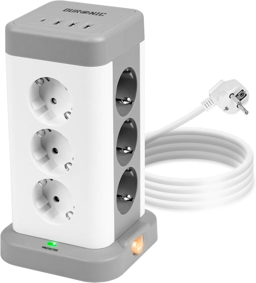 Duronic ET12C Torre Elettrica da 3680 W|12 prese di corrente e 3 prese USB A e 1 presa USB C| Spina UE tipo C| Uscita USB A: 5 V, 2.4 A Uscita USB C: 5 V, 3 A| Ingresso USB: 100-250 V, 50/60 Hz